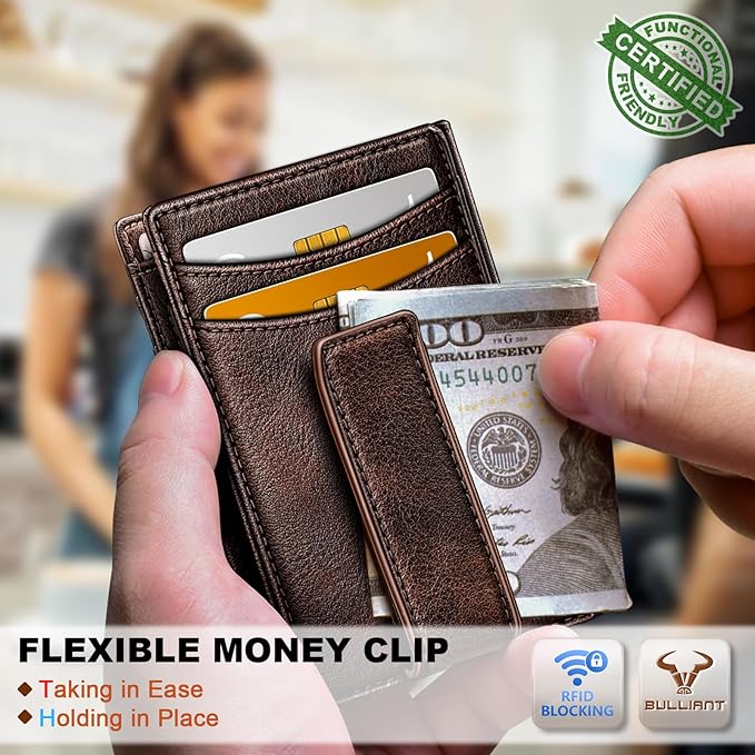 BULLIANT Magnetic Closure Slim Wallet-Genuine Leather Front Pocket Wallet for Men,RFID Blocking,Holds 12 Cards and Money Clip
