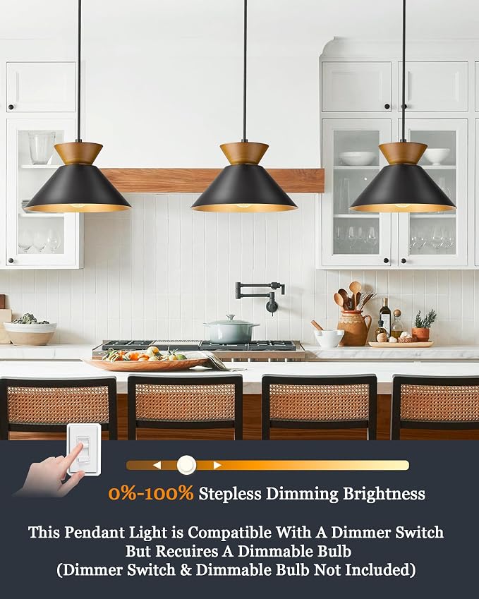 ELYONA Modern Pendant Light Kitchen Island, 10" Solid Wood Hanging Lamp with Matte Black Metal Shade & Gold Inner Finish, Farmhouse Pendant Light Fixtures for Dining Room Bedroom Living Room Hallway