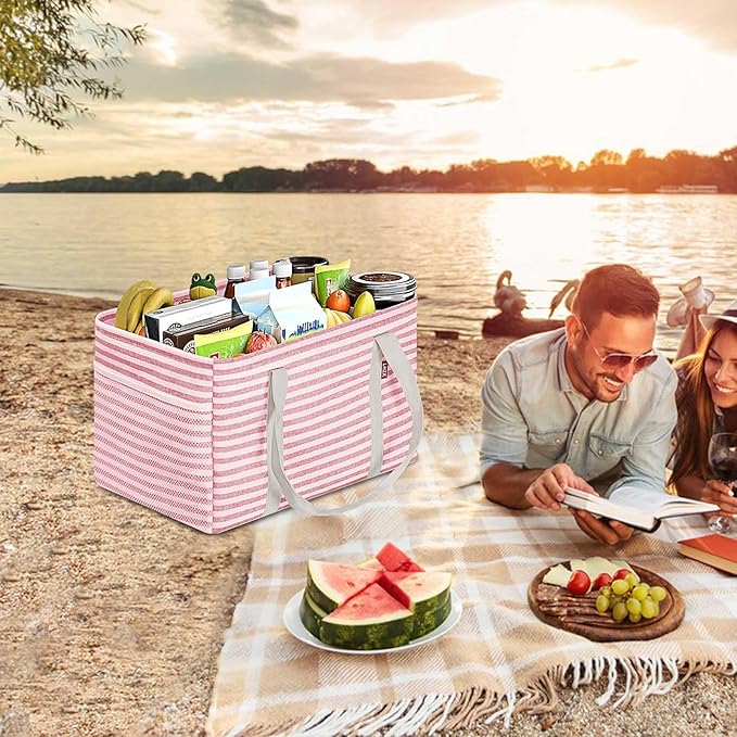 LHZK Standing Utility Tote Bag with Metal Wire Frame and the Sides Rinforced, Large Tote Bag with Handle, Reusable Grocery Bags Foldable, Beach Bag, Car Tote (Pink, 18.5''x11.8''x11.5'')