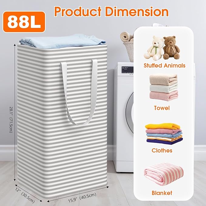 3 Pack Large Laundry Basket,Waterproof & Freestanding Laundry Hamper,Collapsible Clothes Hampers with Easy Carry Long & Reinforced Handles in Bathroom,College Dorm(88Lx3,Gray)