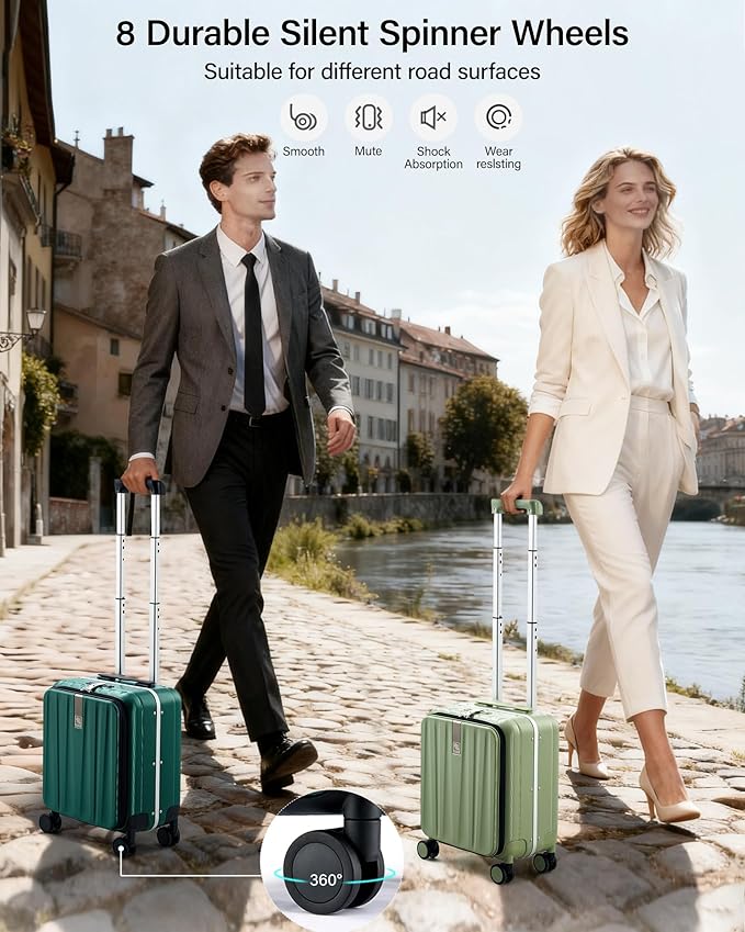 Hanke 16 Inch Underseat Carry On Luggage with Wheels,Small Hard Shell Suitcases for Weekender,Top Opening Lightweight Travel Luggage Suitcase for Womem Men,Bamboo Green.