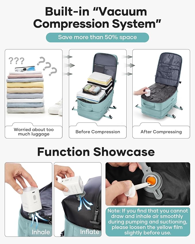VECAVE Vacuum Backpack Travel with Pump, Expandable Personal Item Carry on Backpacks for Women Men, Laptop Waterproof Work Compression bags with USB Casual Daypack LightBlue