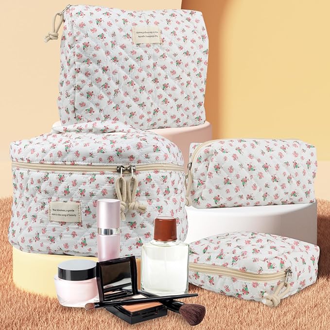 Cute Makeup Bag for Women(2 Pcs), Travel Cosmetic Bags, Quilted Coquette Aesthetic Floral Toiletry Organizer Bag (42 - Red Rose/4PCS)