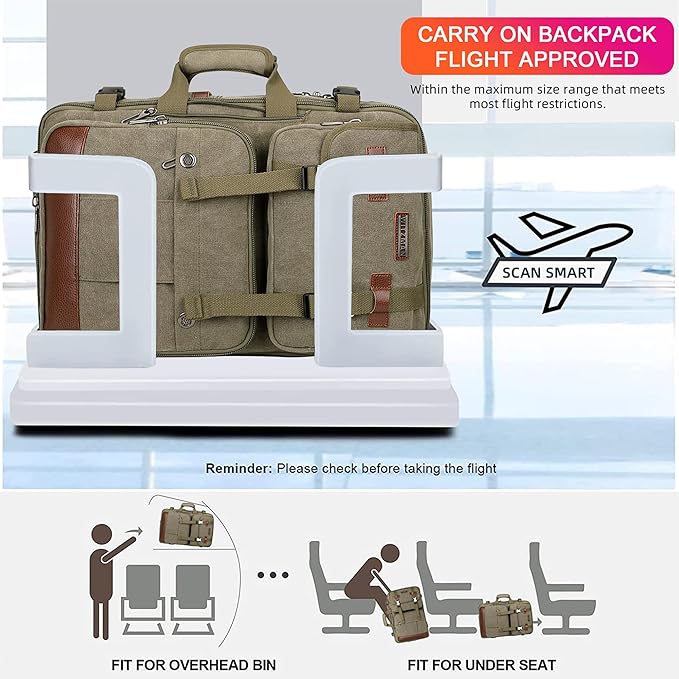 WITZMAN Canvas Travel Backpack for Men Large Laptop Backpack Fit 16 inch Carry-on Airline Approved Convertible Shoulder Rucksack(A6617-3 Army Green)