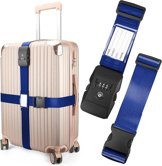 Luggage Straps, Blue TSA Approved Luggage Strap Belt with Combination Lock for Suitcases, 2 Pack Adjustable Heavy Duty Cross Suitcase Straps with Name Tags for Travel, Carry On Bags, Protect Luggage