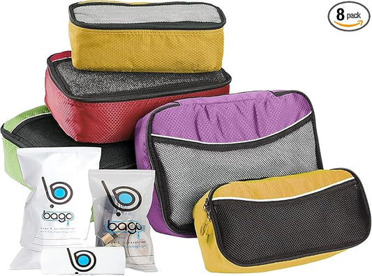 bago 8 Pcs Packing Cubes for Travel - 5 Travel Packing Cubes for Suitcases with 3 ZipLock Bags - Luggage Organizer Bags to Get Maximum Storage, Save Time & Effort to Pack (Green Red Purple Yellow)