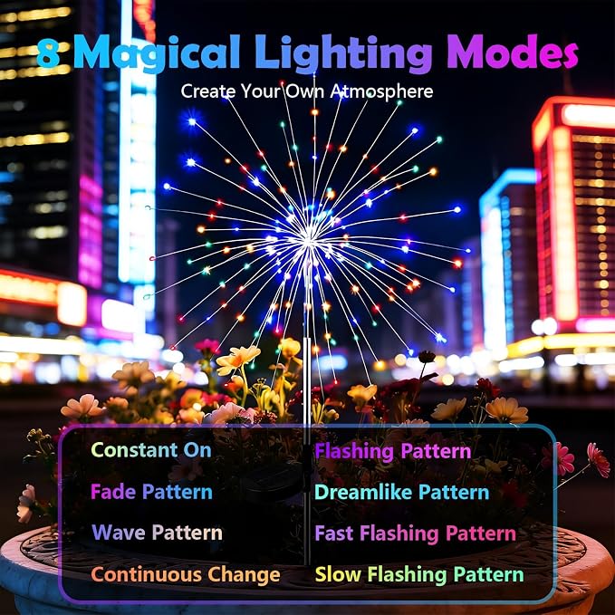 4-Pack Solar Firework Lights for Outside Waterproof Garden Fairy Lights | Adjustable 32"-51" tall, 200 LED stainless steel stake starburst lights with 8 modes for pathway patio decorations.