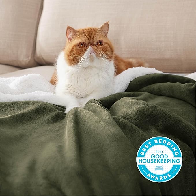 Bedsure GentleSoft Sherpa Fleece Throw Blanket for Couch, Non-Heated, Thick and Warm Throw for Women and Men, Soft Fuzzy Plush Blanket for Winter, Olive Green, 50x60 Inches
