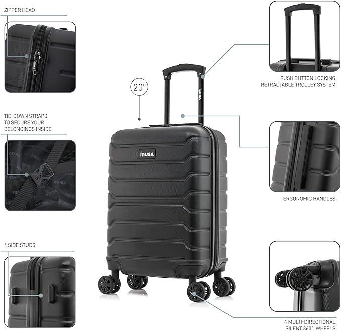 InUSA TREND Luggage with Spinner Wheels | Durable Lightweight Hardshell Suitcase, Travel bag with Handle and Trolley, 20-Inch Carry On Small Luggage | Black