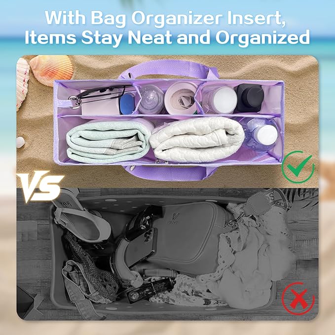 XYFuuee Beach Bag Organizer Inserts for Baby Medium Bogg Bag Accessories with 8 Removable Metal Fasteners, Lightweight Mesh Insert Divider Pouch, Organizing Rubber Tote, Save Storage Space, Purple M