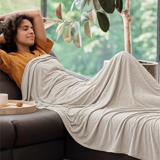Bedsure Oat Beige Cooling Blanket Queen Size for Hot Sleepers - Summer Cold Blanket for Queen Size Bed with Rayon Derived from Bamboo, Ice Cool Cold Arc-Chill Thin Summer Bedding Essentials, 90x90