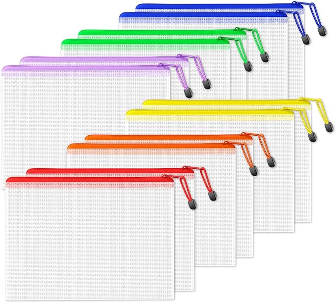 SUNEE Plastic Mesh Zipper Pouch 9.2x12.5 in (6 Colors, 12 Packs),Extra Large Water-Resistant Zip Bag for School Office Supplies, Puzzles & Games Organizing Storage