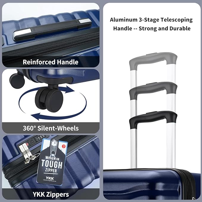 Lightweight Luggage with Spinner Wheels & YKK Zipper, 3-Piece Suitcase ABS+PC Hardside Hard Shell Luggage Sets with TSA Lock for Men, Dark Navy Blue (20+24+28 inch)