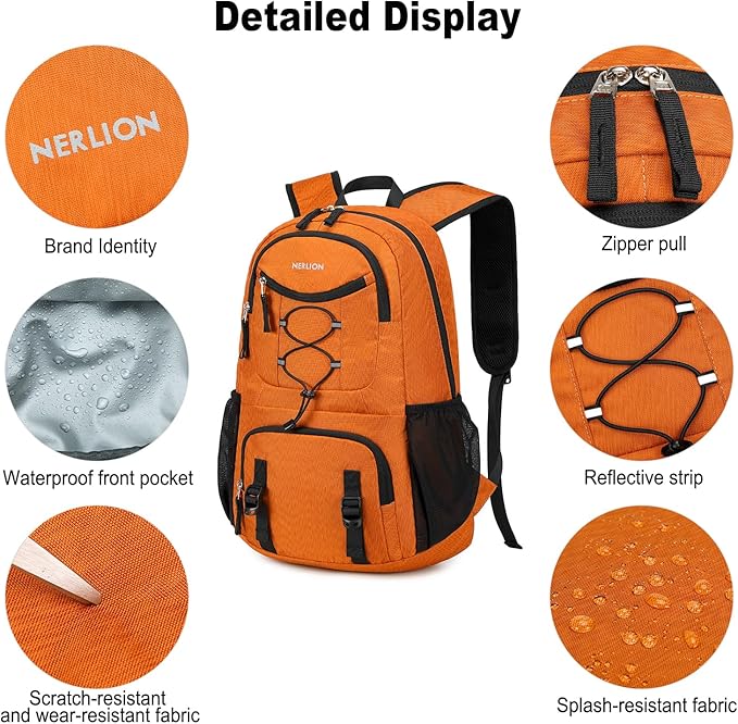 Nerlion Lightweight Foldable 35L Hiking Backpack Travel Backpack for Men Women Camping Waterproof Outdoor Hiking Daypack Backpack Orange