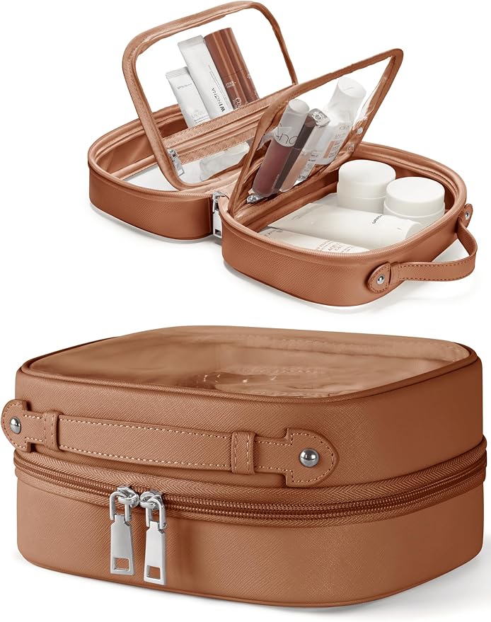 Clear Cosmetic Bag Double Layer Travel Toiletry Bag Clear Makeup Bag Case with 4 Compartments, Transparent Travel Bag for Toiletries, Large Toiletry Bag for Women Cosmetic Case (Brown, Small)