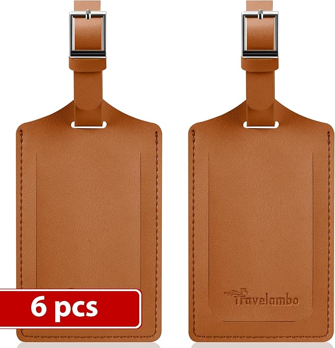 Travelambo Luggage Tags for Suitcases Faux Leather Privacy Protection 6 Pack Bag Tags Travel Accessories Essential, Yellowish Brown