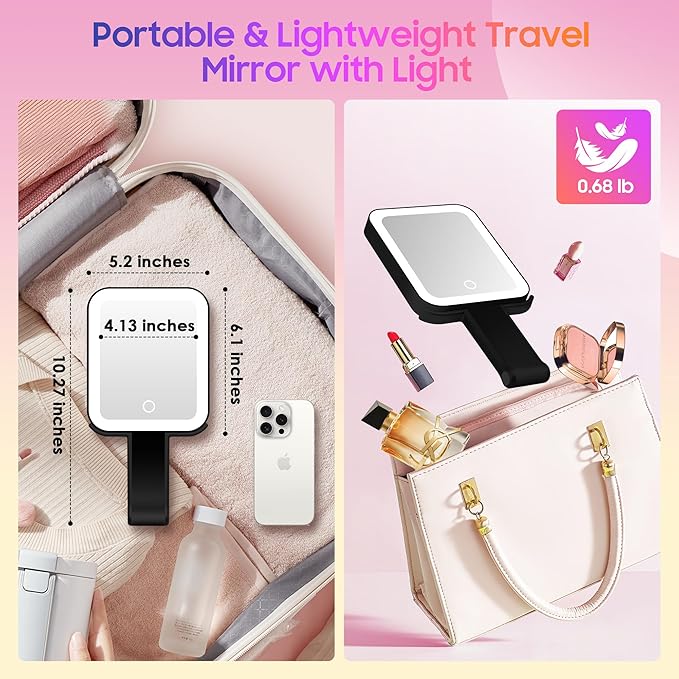 GOMIPURU Magnifying Travel Mirror with Light, 30X/1X Double-Sided Magnifying Mirror with 3 Color Lights, Brightness Adjustable, Foldable Handheld Makeup Mirrors Portable for Travel and Desktop Use,B