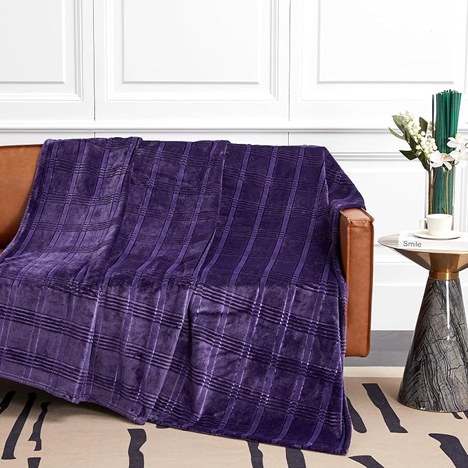 Soft Cozy Plaid Fleece Throw Blanket, 50x60 Inches – 3D Jacquard Diamond Design, Lightweight Blanket for Couch, Sofa, Camping & Travel, Pueple