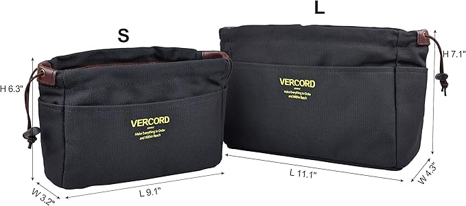 Vercord Canvas Handbag Organizers, Sturdy Purse Insert Organizer Bag in Bag, 10 Pockets Grey Small