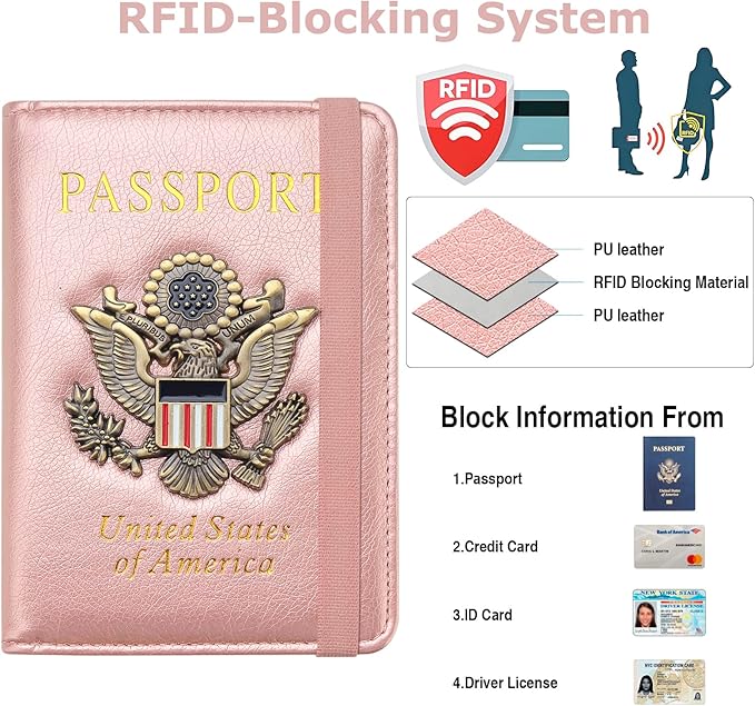Passport Holder for Travel Passport Cover for Men Passport Wallet Case with Metal Badge Protector Leather Card Case RFID Blocking Women Travel Accessories Document Organizer (Rose Gold)