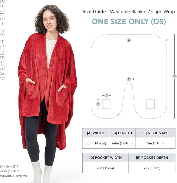 Berkshire Blanket Primalush™ Wearable Blanket, Cozy Loungewear Pocketed Plush Cape Wrap for Adults & Teens(Chili, One Size 58"X64")