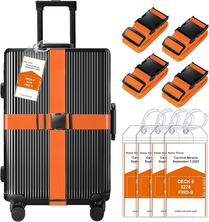 8 Pack Luggage Straps and Cruise Luggage Tags Set (4 Straps, 4 Wide Tags), Luggage Straps for Suitcases TSA Approved Suitcase Tags, Orange