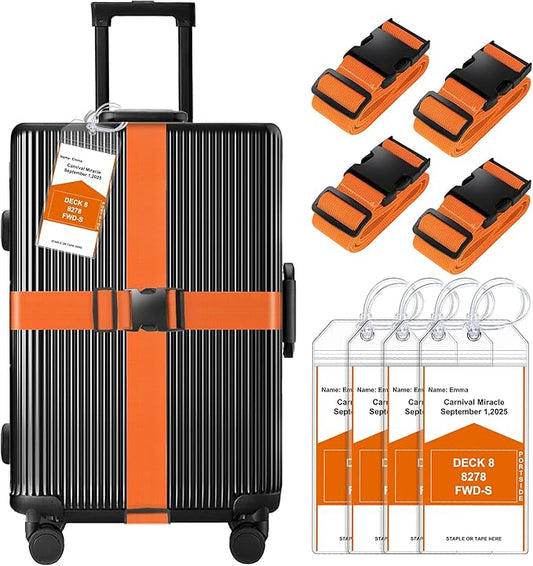 8 Pack Luggage Straps and Cruise Luggage Tags Set (4 Straps, 4 Wide Tags), Luggage Straps for Suitcases TSA Approved Suitcase Tags, Orange