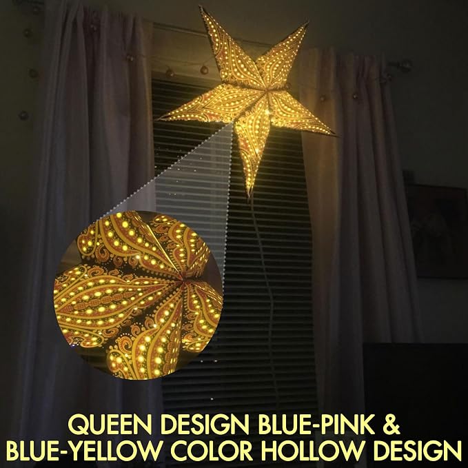 GalaxyArts Paper Star Lanterns, 24 Inch Queen Blue Yellow 3D Light-Up 5-Pointed Hanging Lamp, Handcrafted Hollow Decoration for Christmas, Weddings, Holidays, Indoor Outdoor Home Décor (Medium)