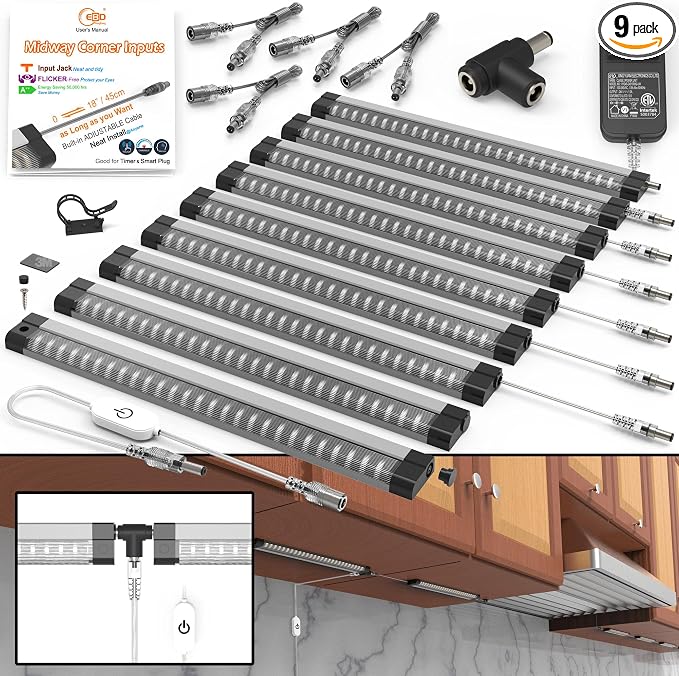 EBD Under Cabinet Lighting Plug in 9 Pcs 12 Inch, Dimmable No Messy Wires Built-in Adjustable Cable LED Light Bar, T-Connector Counter Lights for Smart Plug Kitchen Home Office 6500K 4050Lm 4 Cables