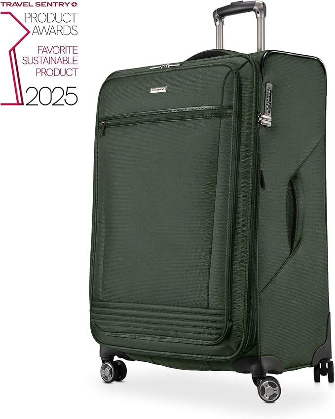 Ricardo Beverly Hills Avalon Softside 3-Piece Luggage Set Made with Sustainable 100% Recycled PET (rPET), Lightweight, Eco-Friendly Travel, Expandable, Dual Spinner Wheels, Juniper Green