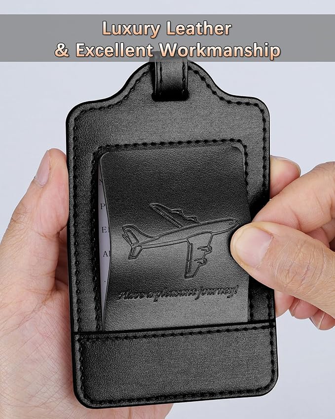 3 Pack Luggage Tags - Quick Install, Privacy Protection, Airplane Travel Essentials for Suitcases, Durable Leather - Black