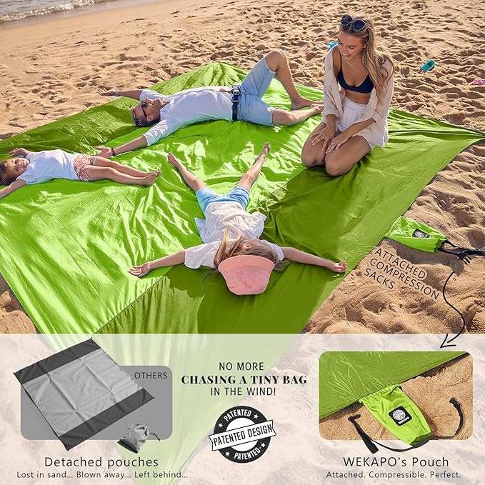 WEKAPO Beach Blanket Sandproof Waterproof, Extra Large Beach Mat, Oversized & Compact Sand Free, Quick Drying Beach Essentials for Vacation, Cruise, Picnic & Camping with Stakes