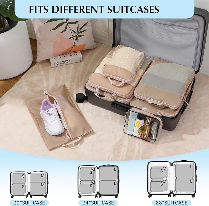 Lightweight Compression Packing Cubes for Suitcases, Compressible Expandable Travel Packing Organizer with Clear Toiletries and Backpack Bag, Travel Essentials for Carry on Luggage 7 Set