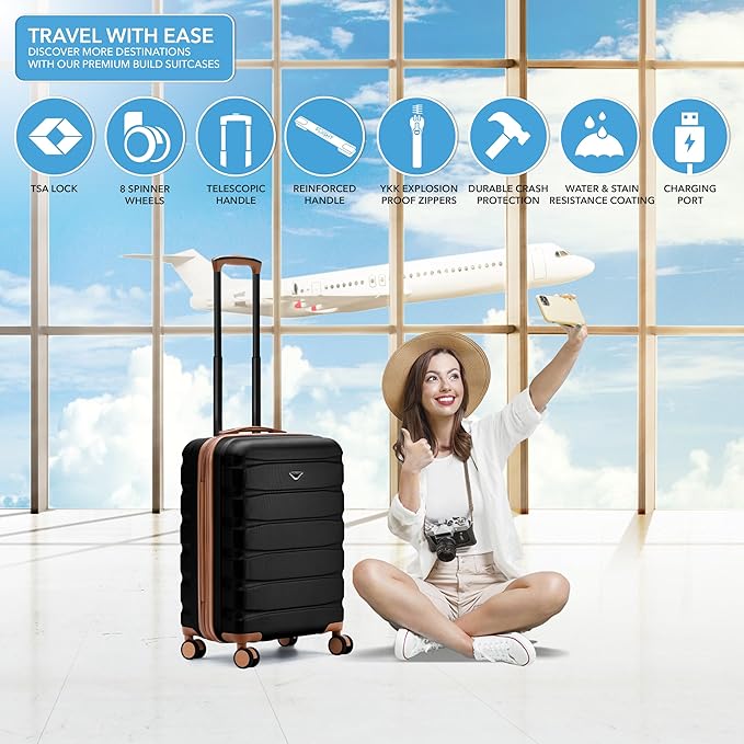 Flight Knight 24x16x10 Expandable Carry On Suitcase Hardside TSA Lock USB C Lightweight Luggage Silent Double Spinner Wheels Maximum Overhead Carry-On Bag For Virgin South West Approved Black/Tan