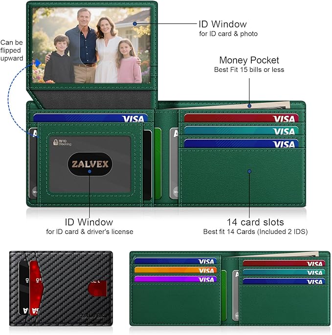 Wallet for Men Slim RFID Blocking Leather Credit Card Holder Wallet for 14 Cards, Bifold Minimalist Thin Wallet with 2 ID Windows & Cash Slot, Front Pockt Carteras Para Hombres, Birthday Gifts for Men