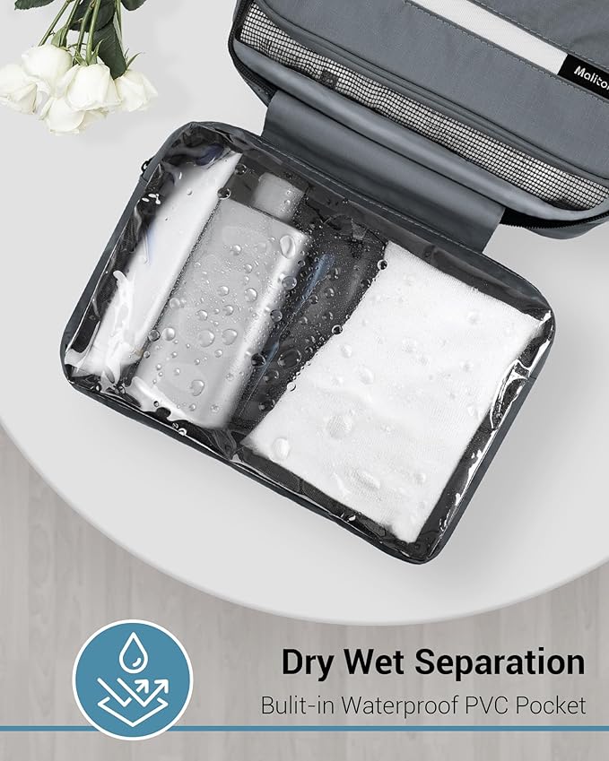 Maliton Toiletry Bag for Men & Women Travel Toiletry Bag Hanging Toiletry Bag Hygiene Organizer with 4 Compartments Waterproof Bathroom Shower Bag Large Toiletries Travel Bag (Gray)