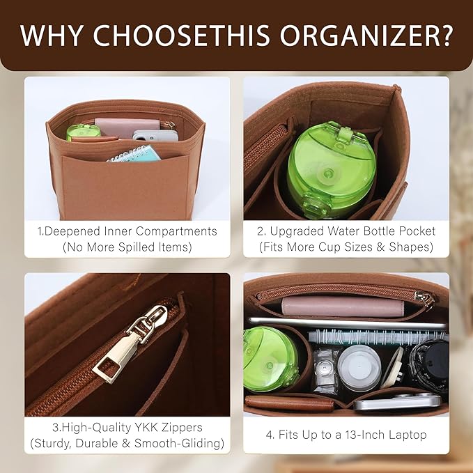 Premium Felt Purse Organizer Insert for Longchamp Le Pliage, Zipper Long Champ Bag Organizer Insert with Cup Holder, 8 Compartments