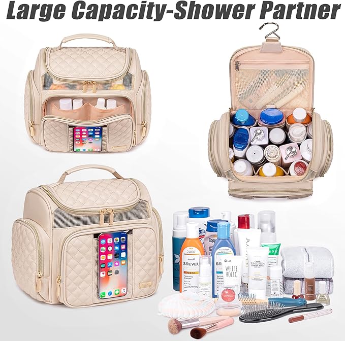 Large Leather Toiletry Bag for Women Men,Bathroom Bag,Water Resistant Shower Bag,Makeup Bag,Portable Shower Caddy for College Dorm,Hanging Travel Toiletry Bag with Transparent Waterproof Phone Pocket