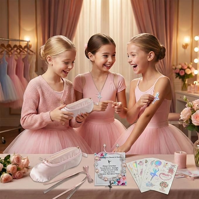 Ballet Slipper Pouch Makeup Bag Dance Recital Gifts for Girls Dancer Ballerina Accessories Gifts Set Necklace Bracelet Sticker
