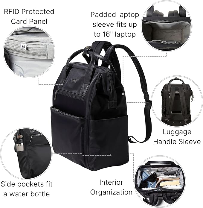 Baggallini Soho Backpack - Travel Laptop Backpack for Women - Lightweight Water-Resistant Luggage Bag, Black