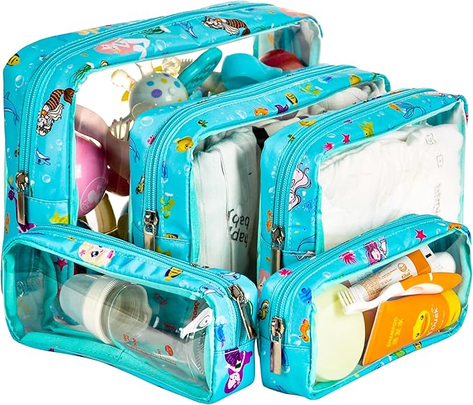TSA Approved 5-Piece Diaper Bag Organizer Pouch Set Clear Waterproof TPU Kids Toiletry Storage Set Travel Packing Clutch Cube Bags for Baby Nursing(Mermaid)