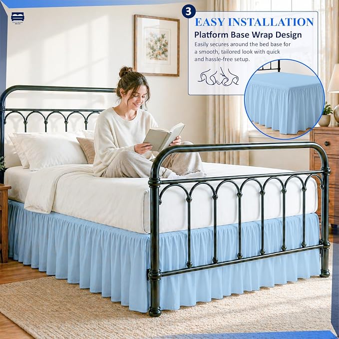 Cottingon Bed Skirt King 15" Drop with Split Corners, 100% Microfiber Soft and Stylish, Dust Ruffle with Platform, Light Blue