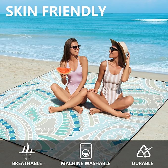 Beach Blanket Sandproof Extra Large Beach Mat Adults Waterproof Quick Drying Sand Free Mat with 4 Stakes & 4 Corner Pockets for Outdoor Travel Camping Hiking Blue 79" X 83"