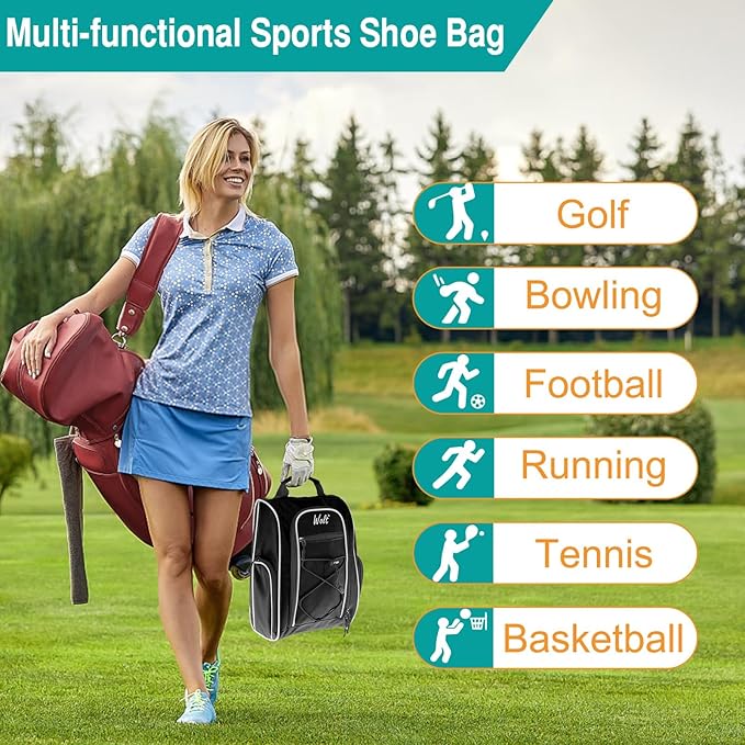 Wolt |Golf Shoe Bag for Travel- Zippered Shoes Carrier Bags with Ventilation & Double Outside Accessory Pocket for Socks, Tees, Golf Balls, Etc. for Women and Men (Black)