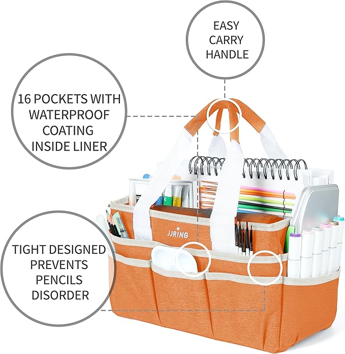 JJRING Craft Organizer Tote Bag, Art Storage Caddy with Multiple Pockets, Orange Sewing Bag for Art, Craft, Scrapbooking, School, Medical, and Office Supplies Storage
