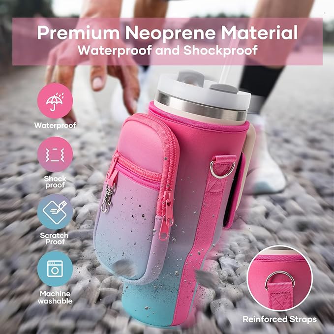 linmaya Water Bottle Carrier Bag for Stanley Cup 40/30oz with Phone Holder Pockets,Neoprene Water Bottle Cross-body Bag with Adjustable Shoulder & Hand Strap Stanley Cup Accessories