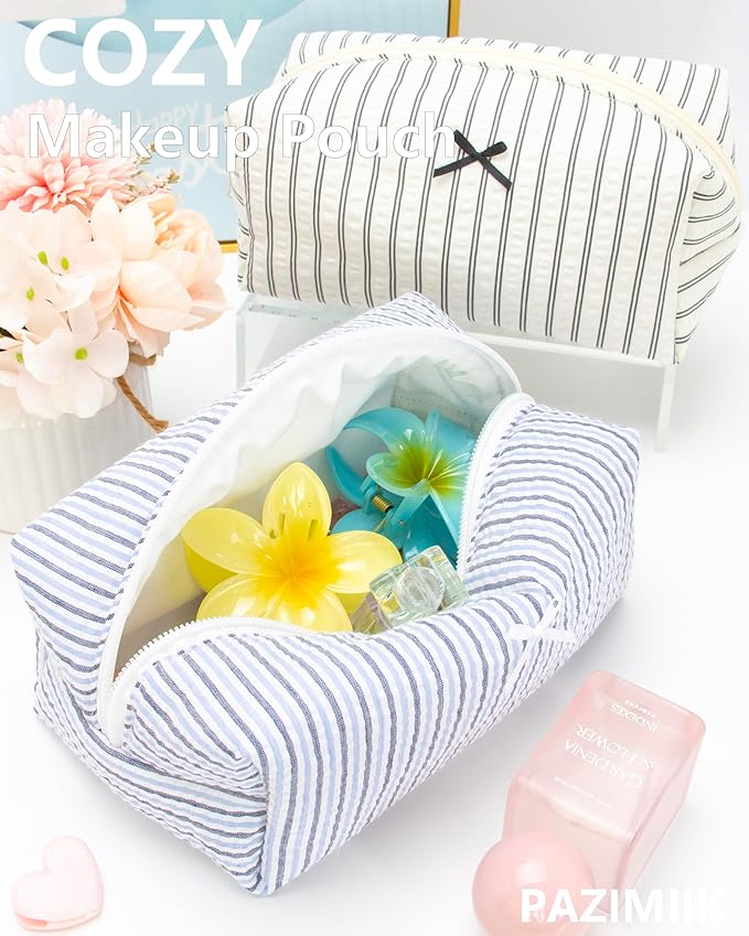 PAZIMIIK Cozy Makeup Bag Small Aesthetic Travel Zipper Cosmetic Pouch for Women Make Up Beauty Accessories Brushes, Stripe Blue Mix