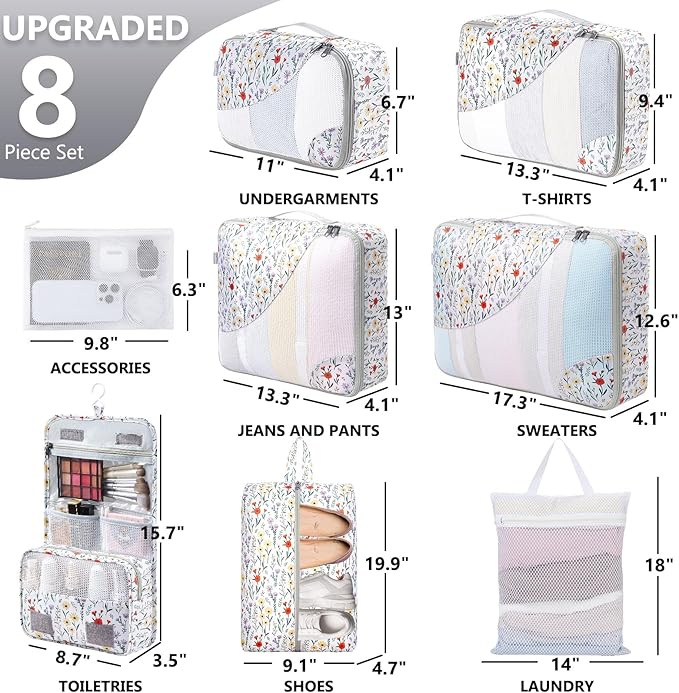 8 Set Packing Cubes for Travel, Gifts for Women Mom,Anti-Tearing Suitcase Organizer for Luggage with Shoe & Hanging Toiletry Bag,OlarHike Vacation Essentials & Accessories for Cruise Ship