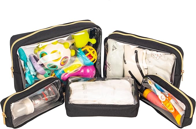 TSA Approved 5-Piece Diaper Bag Organizer Pouch Set Clear Waterproof TPU Kids Toiletry Storage Set Travel Packing Clutch Cube Bags for Baby Nursing(Black)