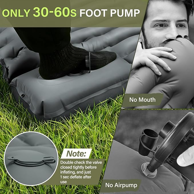 Camping Sleeping Pad, Ultralight Camping Mat with Pillow Built-in Foot Pump Inflatable Sleeping Pads Compact for Camping Backpacking Hiking Traveling - Gray